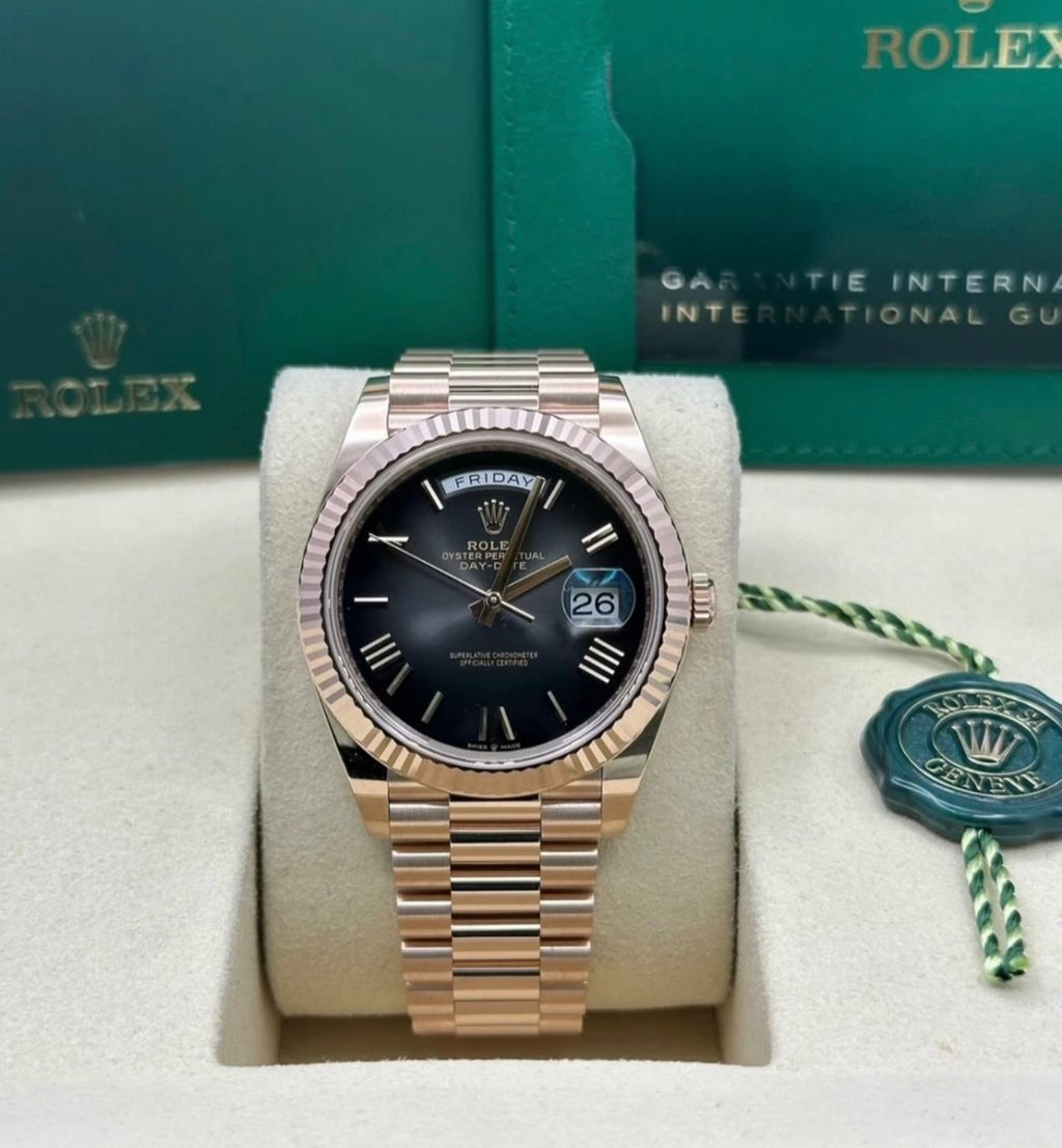 Rolex Day-Date 40 228235 (2026) – 18ct Everose Gold, Ombre Black Dial, President Bracelet