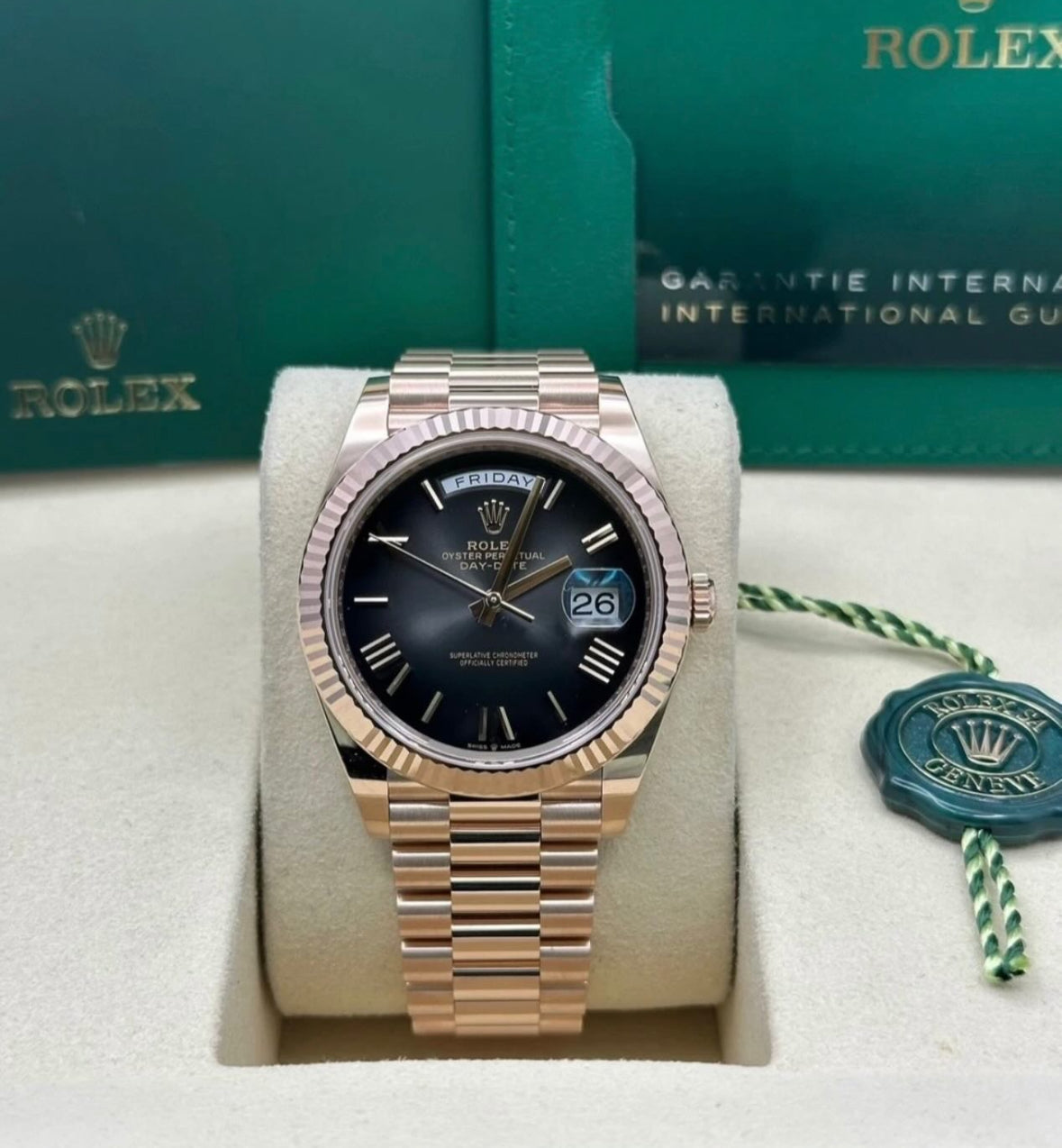 Rolex Day-Date 40 228235 (2026) – 18ct Everose Gold, Ombre Black Dial, President Bracelet