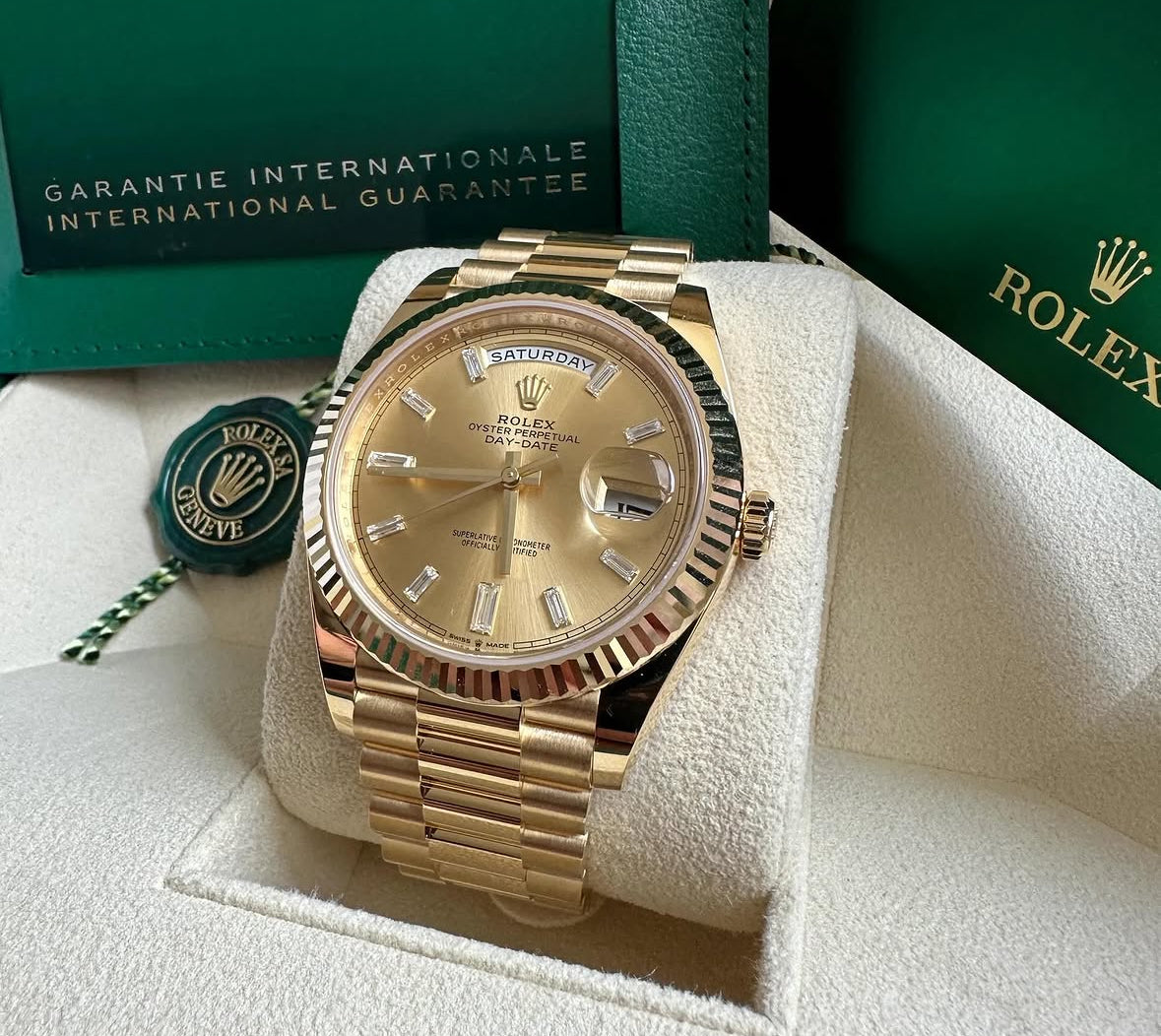 Rolex Day-Date 40 228238 (2026) – 18ct Yellow Gold, Diamond Indices Champagne Dial, President Bracelet