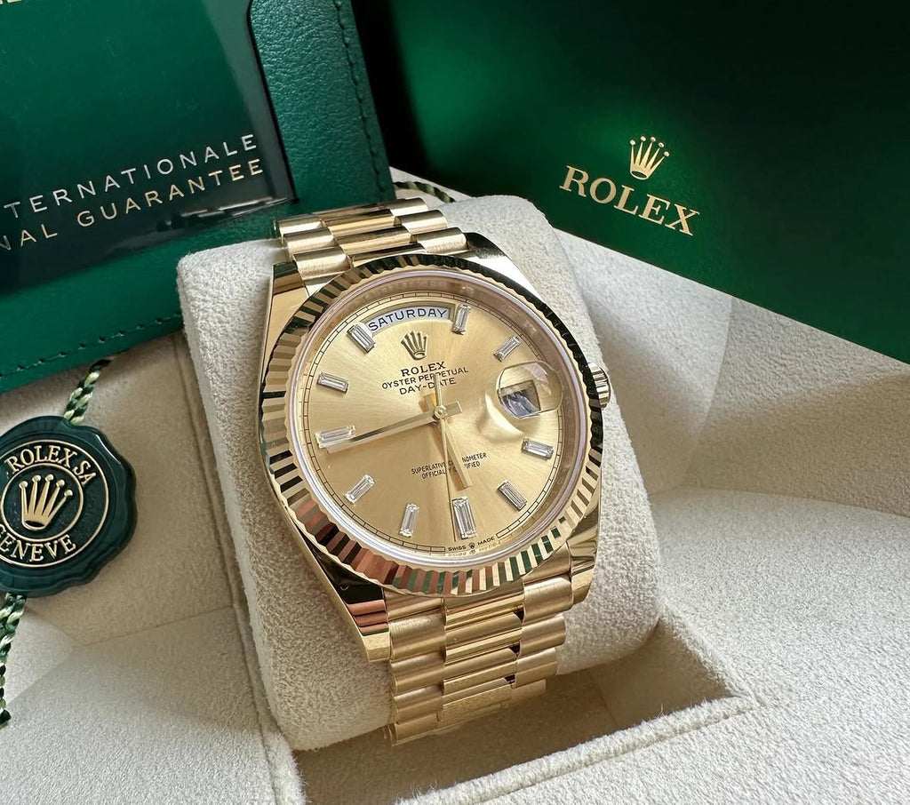 Rolex Day-Date 40 228238 (2026) – 18ct Yellow Gold, Diamond Indices Champagne Dial, President Bracelet