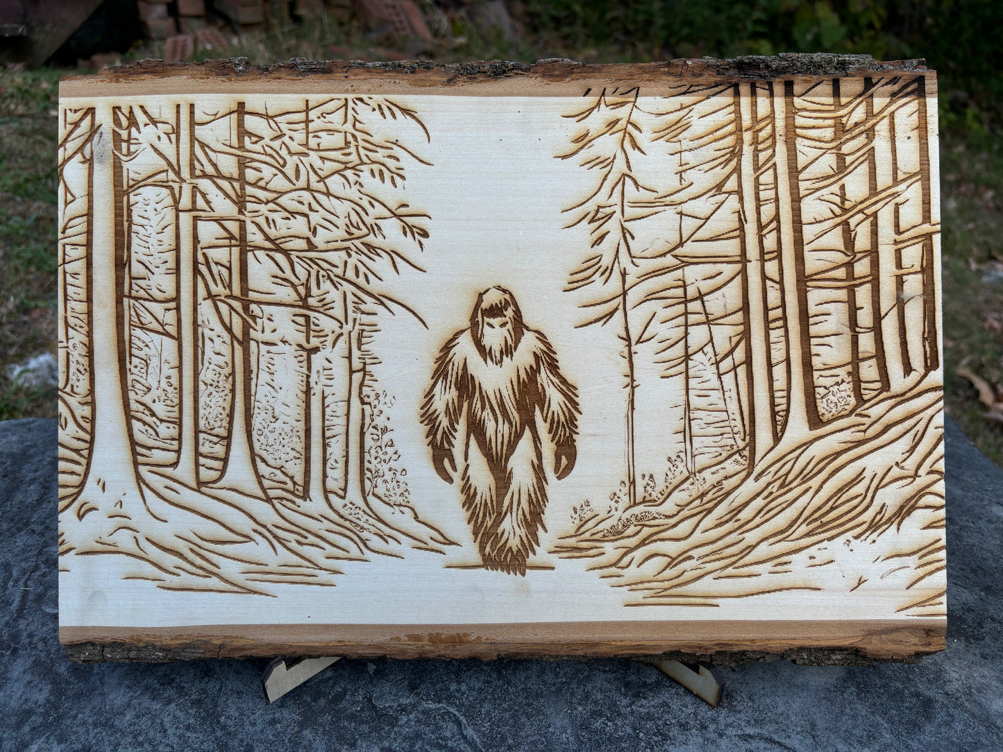 Bigfoot Wood Etching on Live Edge Bass Wood