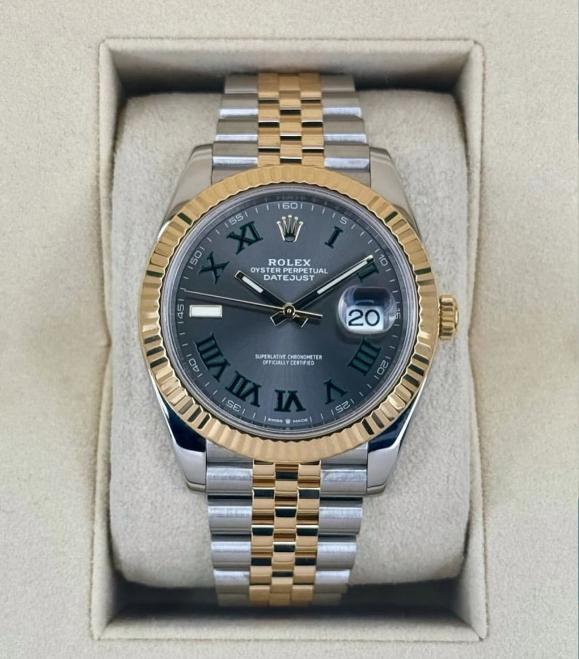Rolex Datejust 41 126333 (2026) – Yellow Rolesor, Wimbledon Slate Dial, Fluted Bezel, Jubilee
