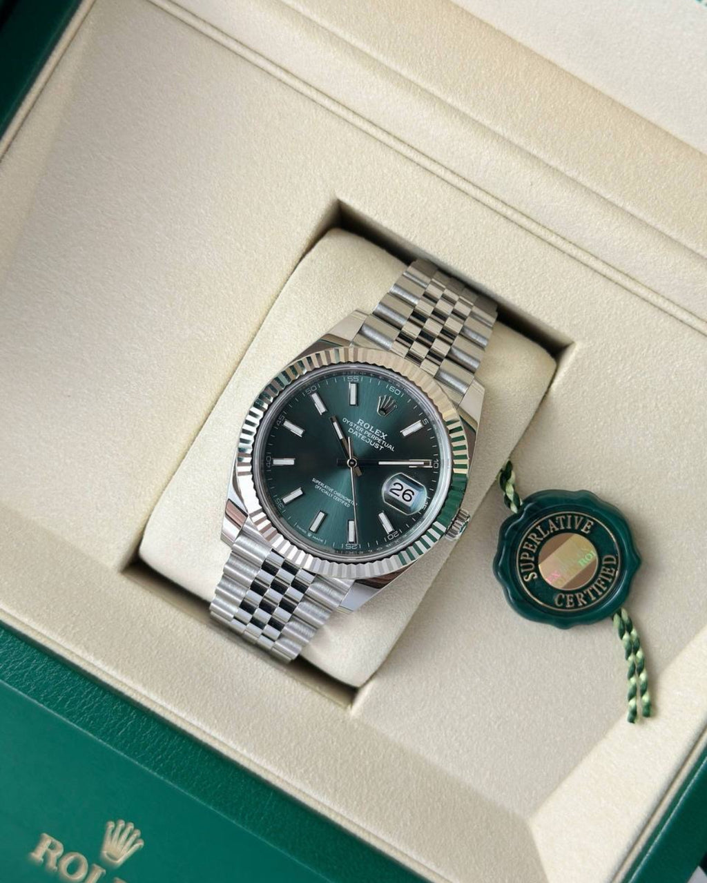 Rolex Datejust 41 126334 (2026) – White Rolesor, Mint Green Dial, Fluted Bezel, Jubilee