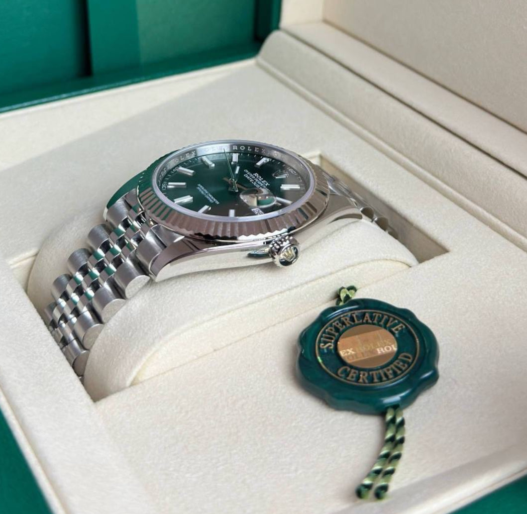 Rolex Datejust 41 126334 (2026) – White Rolesor, Mint Green Dial, Fluted Bezel, Jubilee